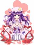  absurdres blush bow crescent crystal_ball gift hat heart highres kneeling long_hair patchouli_knowledge purple_eyes purple_hair ribbon smile solo toor_0111 touhou violet_eyes 