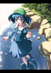  absurdres backpack bag blue_eyes blue_hair gogo_shichi-ji hair_bobbles hair_ornament hat highres kawashiro_nitori key letterboxed open_mouth pocket randoseru reflection ripple ripples short_hair smile solo standing_on_water tiptoes touhou twintails water 