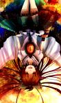  arm_cannon bow brown_eyes brown_hair cape hair_bow hiyualice long_hair open_mouth red_eyes reiuji_utsuho skirt solo touhou upside-down upside_down wings 