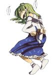  arms_behind_back bad_id ball_gag ballgag bdsm bondage bound_wrists detached_sleeves frog from_behind gag gagged green_hair hachi_(8bit_canvas) hair_ornament highres kochiya_sanae long_hair looking_back nervous snake solo touhou 