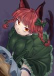  animal_ears bangs blunt_bangs bow braid breast_squeeze breasts cat_ears cat_tail extra_ears fang fangs geppewi hair_bow highres kaenbyou_rin large_breasts looking_up multiple_tails red_eyes red_hair redhead short_hair sinker_(pixiv) smile solo tail thigh_strap touhou twin_braids twintails 