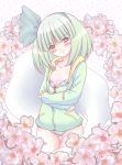  alternate_costume asuka_asuka blush bra breasts cherry_blossoms cleavage collarbone contemporary crossed_arms floral_background flower ghost green_eyes hairband head_tilt hoodie konpaku_youmu konpaku_youmu_(ghost) lingerie long_sleeves looking_at_viewer myon no_pants panties short_hair silver_hair smile solo standing thigh_gap touhou underwear 