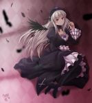  boots cross dress face flower gothic_lolita grey_hair headdress lolita_fashion long_hair meago purple_eyes purple_rose rose rozen_maiden solo suigintou thigh-highs thigh_boots thighhighs violet_eyes wings 