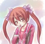  brown_hair cilfy fingerless_gloves food fruit gloves long_hair phantasy_star phantasy_star_portable_2 phantasy_star_universe strawberry twintails 