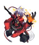  1boy belt blazblue boots gloves green_eyes hakama heterochromia jacket japanese_clothes male nagy ragna_the_bloodedge red_eyes silver_hair solo sword weapon 