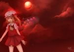  ascot blonde_hair fang flandre_scarlet full_moon hat moon open_mouth red red_eyes red_moon red_sky short_hair side_ponytail sky smile solo the_embodiment_of_scarlet_devil touhou wings zinczinc_ka 