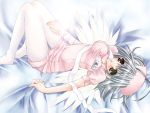  bandage bandages breasts brown_eyes copyright_request feet hat lying mouth_hold nurse nurse_cap pantyhose silver_hair solo white_legwear white_pantyhose wings 