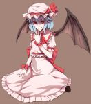  bad_id bat_wings blue_hair fang hat prime red_eyes remilia_scarlet short_hair simple_background sitting skirt skirt_set smirk solo touhou wings wrist_cuffs 
