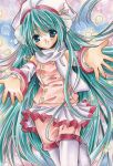  :d absurdres aqua_eyes aqua_hair bad_id detached_sleeves hat hatsune_miku highres long_hair marker_(medium) open_mouth outstretched_arms project_diva project_diva_2nd scarf shoukichi skirt smile solo thighhighs traditional_media very_long_hair vocaloid 