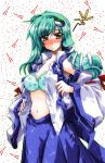  blush bra detached_sleeves face frog green_hair hair_ornament kochiya_sanae lingerie long_hair navel open_clothes open_shirt shirt snake solo takana_shinno touhou underwear yellow_eyes 