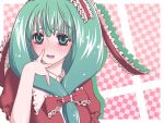  :p bow frills front_ponytail green_eyes green_hair hair_bow hair_ornament hair_ribbon herio kagiyama_hina long_hair open_mouth ribbon saliva smile solo tongue touhou 