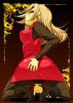  ass ass_grab blonde_hair boots breasts brown_legwear castlevania castlevania:_dawn_of_sorrow castlevania:_harmony_of_despair high_heels long_hair looking_back miniskirt onija_tarou pantyhose shoes skirt solo squatting sweater yoko_belnades 