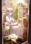  1girl bespectacled book bookshelf bottle crescent danny_lee dress glass glasses hat long_hair matsutani painting_(object) patchouli_knowledge purple_dress purple_hair reading sitting solo striped striped_dress table touhou very_long_hair violet_eyes 