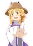  bad_id blush foreshortening hands hat highres momo_no_kanzume moriya_suwako open_mouth outstretched_arm outstretched_hand short_hair solo tears touhou wavy_mouth wide_sleeves yellow_eyes 