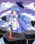 blue_hair blush bow cloud clouds hat hat_removed headwear_removed hinanawi_tenshi keystone long_hair long_skirt razy_(skuroko) red_eyes skirt sky solo sword sword_of_hisou touhou weapon wind