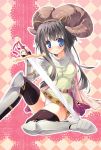  black_legwear black_thighhighs blue_eyes blush cross hat horns kizuki_erika knight_(ragnarok_online) long_hair panties ragnarok_online sitting solo sword thigh-highs thighhighs underwear weapon zettai_ryouiki 