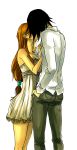  1girl bad_id black_hair bleach couple dress hand_in_pocket inoue_orihime kiss long_hair male orange_hair rusky ulquiorra_cifer 