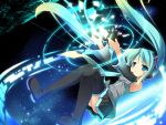  aqua_eyes aqua_hair blue_eyes boots butterfly detached_sleeves floating_hair hatsune_miku headphones headset long_hair masaki_(machisora) necktie outstretched_arms sad skirt solo space star star_(sky) thigh_boots thighhighs twintails very_long_hair vocaloid 