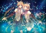  1boy 1girl blonde_hair blue_eyes bow hairpin headphones kagamine_len kagamine_len_(append) kagamine_rin kagamine_rin_(append) navel navel_cutout open_mouth siblings smile soriku twins vocaloid vocaloid_append 