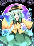  absurdres black_rose black_rose_(flower) blush eyeball flower green_eyes green_hair hat heart heart_of_string highres komeiji_koishi open_mouth rose short_hair smile solo stained_glass third_eye touhou yurasuku 