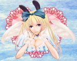  blonde_hair bow breasts brooch bunny_ears cleavage fantasy_earth_zero hair_bow heart jewelry large_breasts long_hair purple_eyes solo vbvacancy violet_eyes wings wrist_cuffs 