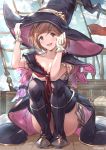  1girl :d arms_up bangs black_footwear black_hat black_legwear blue_sky boots breasts brown_eyes brown_hair cleavage clouds cloudy_sky collarbone commentary day djeeta_(granblue_fantasy) english_commentary eyebrows_visible_through_hair gloves granblue_fantasy hair_between_eyes hands_on_headwear hat head_tilt highres medium_breasts milli_little open_mouth outdoors pleated_skirt red_neckwear shirt short_hair short_sleeves skirt sky smile solo squatting thigh-highs thigh_boots white_gloves white_shirt white_skirt witch_hat 
