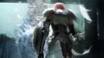  armor feathers final_fantasy final_fantasy_xiii final_fantasy_xiii-2 kneeling lightning_farron pink_hair shield solo throne 