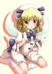  1girl blonde_hair drill_hair fairy_wings hat luna_child rating red_eyes sitting solo touhou wariza wide_sleeves wings yakumo_nanahara 
