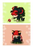  :3 absurdres animal_ears braid cat_ears cat_tail chasing chibi closed_eyes eating eyes_closed happy highres kaenbyou_rin kana_tako multiple_tails red_hair redhead smile solo tail tears third_eye touhou twin_braids 