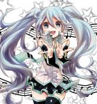  :d ahoge bad_id blue_eyes blue_hair detached_sleeves hatsune_miku headset long_hair miki_bokaro musical_note necktie open_mouth pointing skirt smile solo star start thigh-highs thighhighs twintails very_long_hair vocaloid 