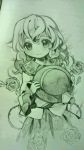  bad_id chaba_(hortensia) flower graphite_(medium) green_rose hat hat_removed headwear_removed holding holding_hat komeiji_koishi monochrome rose smile solo thorns touhou traditional_media vines wavy_hair 