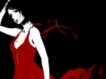  black_background black_hair cleavage dress eyeshadow halter_top meiko nail_polish polychromatic red red_dress red_lips red_nails ribbon solo tattoo vocaloid 