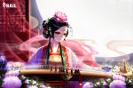  black_hair chinese_clothes flower flowers instrument moon night original photoshop rail_(silverbow) red_eyes short_hair tattoo 