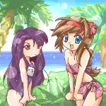  ahoge bare_shoulders beach beatrice_(wild_arms) beatrice_(wild_arms_3) bikini black_hair blue_eyes bow braid brown_eyes brown_hair frown hair_intakes hairband happy long_hair lowres multiple_girls name_tag oekaki one-piece_swimsuit open_mouth palm_tree pareo payot sand school_swimsuit sky swimsuit tree virginia_maxwell water wild_arms wild_arms_3 zipang 