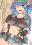  aaru_(tenrake_chaya) absurdres belt blue_eyes blue_hair breasts buckle gloves hair_bobbles hair_ornament hat highres kawashiro_nitori large_breasts luliao midriff navel open_mouth short_hair sleeves_rolled_up solo touhou twintails unzipped wink 