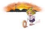  abekawa bandaid chibi child detached_sleeves green_eyes green_hair hair_ornament houses jewelry kochiya_sanae kochiya_sanae_(child) laughing playing ring solo sunset touhou young 