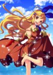  bare_shoulders barefoot blonde_hair bow brown_hair calamity_jane cloud clouds dress enoo feet from_behind hair_ribbon happy high_heels long_hair open_mouth orange_dress payot ribbon shoes sky solo sparkle water wild_arms wild_arms_1 wild_arms_alter_code_f 