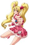  1girl blonde_hair choker clenched_hand cure_peach earrings fresh_precure! jewelry long_hair minarai_zouhyou momozono_love outstretched_arm pink_eyes precure simple_background smile solo twintails white_background 