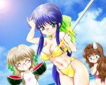  blue_eyes blue_hair blurry brown_hair closed_eyes depth_of_field dutch_angle eyes_closed food fruit gintama_danshaku green_eyes kanon kawasumi_mai kurata_sayuri lens_flare long_hair misaka_kaori one-piece_swimsuit ponytail suikawari swimsuit sword traditional_media watermelon weapon 