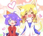  :3 alternate_costume animal_ears ayakashi_(monkeypanch) blonde_hair cat_ears cat_tail closed_eyes eyes_closed fang heart japanese_clothes kemonomimi_mode moriya_suwako multiple_girls no_hat no_headwear open_mouth purple_hair slit_pupils smile snake-eyed_kanako tail touhou wink yasaka_kanako young 