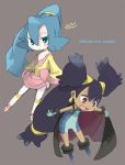  2girls big_hair black_hair blue_eyes blue_hair cape chibi choker cosplay costume_switch dark_skin earrings gloves gym_leader hair_ornament ibuki_(pokemon) ibuki_(pokemon)_(cosplay) iris_(pokemon) iris_(pokemon)_(cosplay) jewelry long_hair multiple_girls open_mouth pokemon pokemon_(game) pokemon_black_and_white pokemon_bw pokemon_gsc pokemon_heartgold_and_soulsilver pokemon_hgss ponytail purple_eyes purple_hair simple_background two_side_up ueshita very_long_hair violet_eyes 