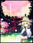  adapted_costume bad_id blonde_hair blue_eyes blush feet_in_water glowing goose_h hat japanese_clothes moriya_suwako multicolored_eyes nature no_nose power_lines short_hair side_slit sleeves_past_wrists soaking_feet solo thighhighs torii touhou water white_legwear 