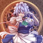  blue_eyes braid clock gears gloves glowing glowing_eyes hair_over_one_eye heterochromia highres izayoi_sakuya knife maid maid_headdress pocket_watch roman_numerals short_hair silver_hair solo taut_shirt throwing_knife touhou tro twin_braids watch weapon white_gloves 