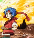 ahoge artist_request bandage bandages belt blue_hair blush brown_eyes canyon cloud clouds gloves headband lowres male oekaki pants petals rody_roughnight shirt sky smile solo title_drop vest wild_arms wild_arms_1 wild_arms_alter_code_f 