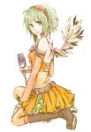  alternate_costume angel_wings boots dress goggles goggles_on_head green_eyes green_hair gumi himetachibana kneeling microphone microphone_stand orange_dress short_hair simple_background skirt smile solo vintage_microphone vocaloid wings 