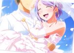  :d blush carrying closed_eyes dress earrings faceless faceless_male good_end happy highres jewelry komeiji_satori natsumi_akira necklace open_mouth princess_carry purple_hair short_hair smile solo touhou wedding wedding_dress 