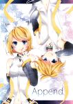  absurdres arm_warmers bad_id blonde_hair blue_eyes brother_and_sister detached_sleeves hair_ornament hair_ribbon hairclip headphones highres kagamine_len kagamine_len_(append) kagamine_rin kagamine_rin_(append) muni navel ribbon short_hair siblings smile tongue twins vocaloid vocaloid_append 
