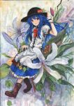 acrylic_paint_(medium) bad_id blue_hair boots bow flower food fruit hand_on_hat hat hinanawi_tenshi lily_(flower) long_hair nanashina peach red_eyes sitting skirt solo touhou traditional_media wrist_cuffs