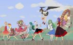 aki_minoriko aki_shizuha bored flying geta happy highres inubashiri_momiji kagiyama_hina kawashiro_nitori kochiya_sanae long_skirt moriya_suwako mountain_of_faith multiple_girls pinzu profile shameimaru_aya skirt tengu-geta touhou walking yasaka_kanako