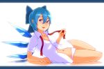  adult bad_id blue_eyes blue_hair bow cirno hair_bow letterboxed no_pants nosuku panties shirt short_hair solo touhou underwear undressing white_shirt wings 
